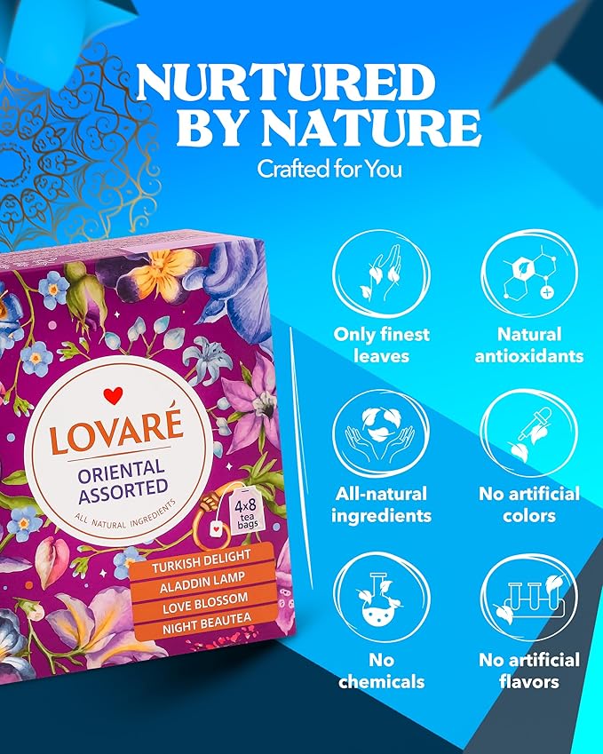 LOVARE Oriental Assorted Tea Variety Pack 32 Pack - Made in Ukraine - Tea Bags Individually Wrapped - Turkish Delight, Aladdin Lamp, Love Blossom, Night Beautea - Assorted Tea Bags Variety Pack