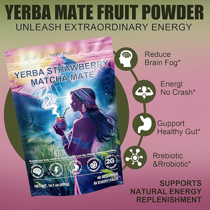 40 Servings (14.1oz) Yerba Mate Instant Tea Powder, 3-in-1 Strawberry Matcha Flavored Low Sugar Super Drink to Support Energy & Focus with Prebiotics and Probiotics
