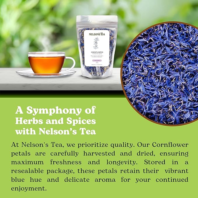 Nelson's Tea Cornflower Petals - Dried Blue Cornflower (Centaurea Cyanus) for Tea Blends, Latte, Smoothie, & Bath Salts (1 oz)