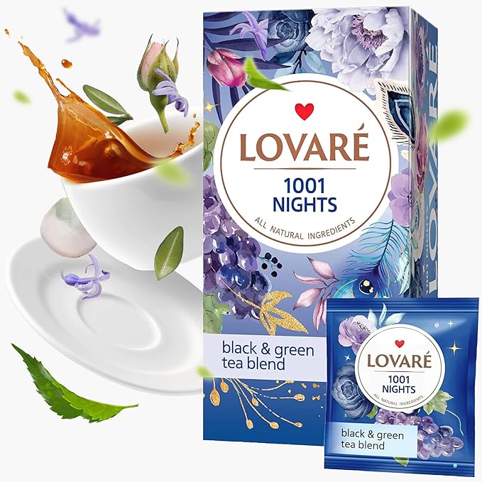 LOVARE 1001 Nights Tea Bags 48 g - Made in Ukraine - Classic Black and Sencha Green Flavored Tea Blend - Tea Bags Individually Wrapped - Gift Box Sets for Tea Lovers (24 Tea Bags x 2 g Each)