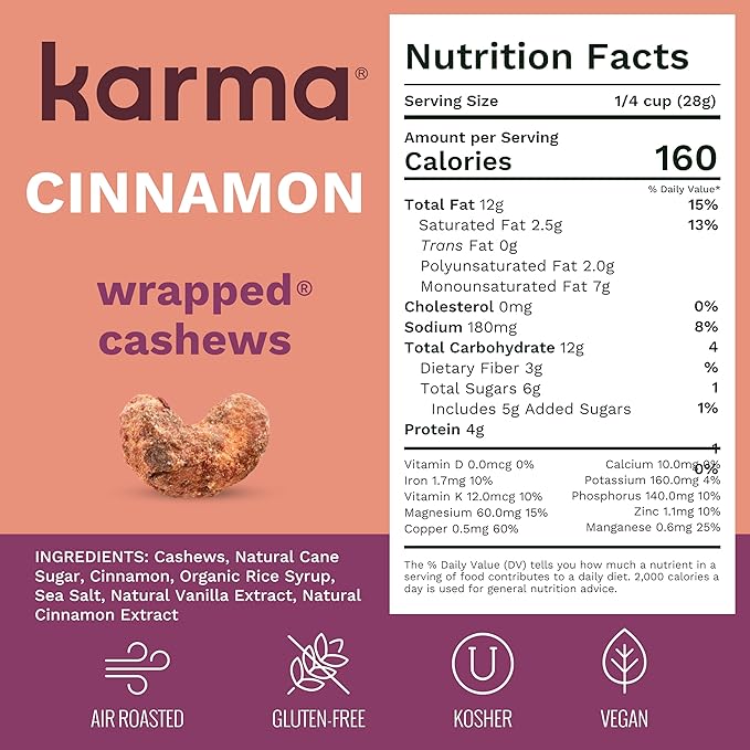 Cinnamon Wrapped Whole Cashews by Karma Nuts, Sweet & Savory, Air Roasted with Natural Skins, 2X more Fiber, Peanut-Free Facility, Kosher, Everyday Nut Snack, 7oz Resealable Bag