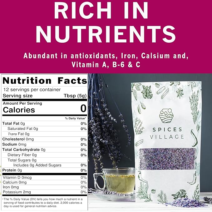 SPICES VILLAGE Lavender, Dried Lavender Buds, 2 oz, Herbal Tea, Potpourri, Wedding Confetti, Pillow - Kosher, Gluten Free, Vegan, Non GMO, Resealable Bulk Bag