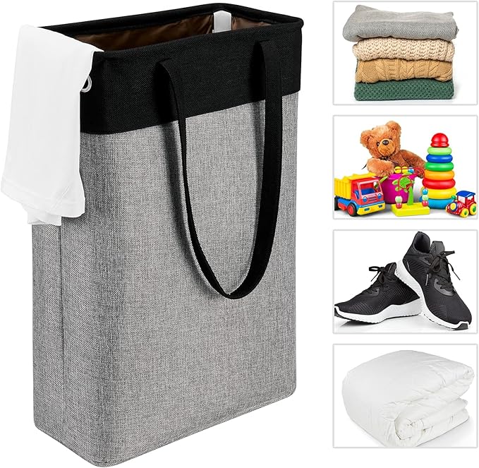 Collapsible Laundry Baskets Double Laundry Hampers Large Foldable Laundry Basket Organizer with Straps Black Gray Cloth Laundry Hamper for Dirty Clothes, QY-SC23-2