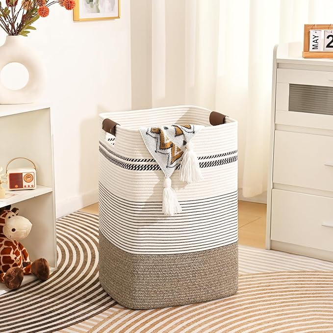 Laundry Hamper, 95L Tall Laundry Basket with Leather Handles, Rectangle Large Clothes Hamper for Organizing, Cotton Woven Laundry Baskets Storage Hampers for Bedroom, Nursery, Living Room