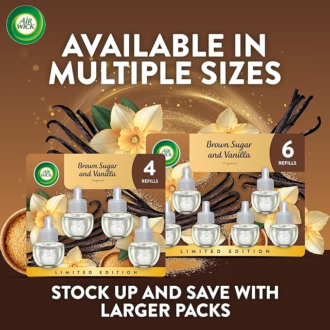 Air Wick Plug in Scented Oil Refill, 5 ct, Brown Sugar and Vanilla, Air Freshener, Essential Oils, Fall Scent, Fall decor