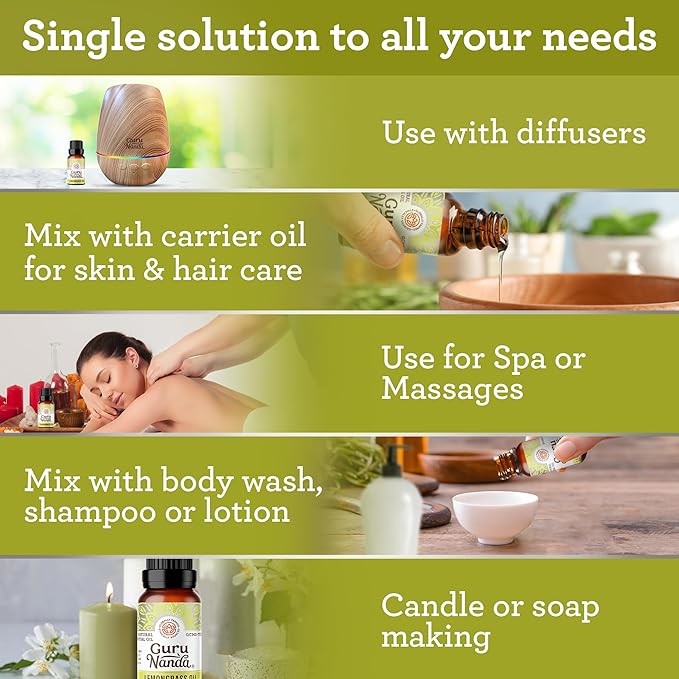 GuruNanda Lemongrass Essential Oil (0.5 Fl oz), 100% Pure, Undiluted Aromatherapy Oil for Diffusers, Helps with Muscle Tension & Promotes Relaxation