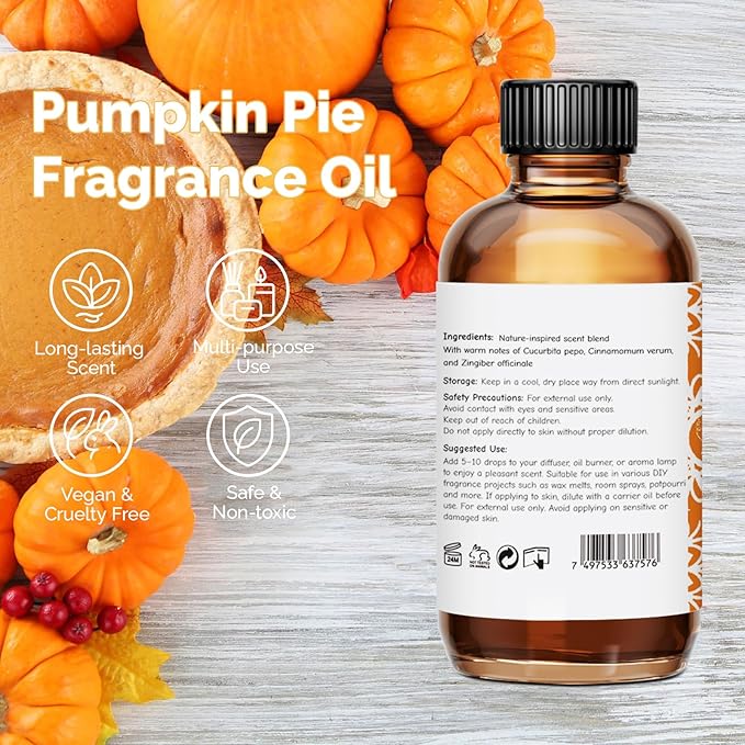 Pumpkin Pie Fragrance Oil 2 Oz, Natural Scent Oil for Home Essential Oils Diffuser, Candle Making, Soap Making, DIY Body Oils, Perfume, Body Mist, Spray - Fall Scent