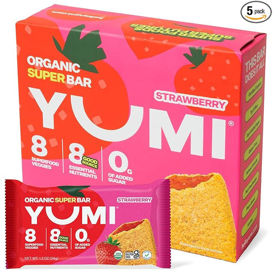 YUMI Organic Breakfast Superbar, Gluten-Free, No Added Sugar, 7+ Vegetables, Soft-Baked Crust, Healthy Snack Bars for Kids, School Safe, Healthy Alternative to Granola Bars or Cereal Bars, Strawberry (30ct)