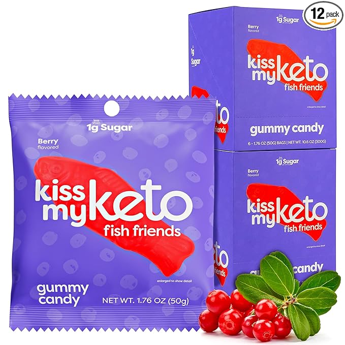 Kiss My Keto Sugar Free Gummies, Gummy Fish 12-Pack – Satisfy Cravings while Staying in Ketosis – High Fiber, 2g Net Carbs, Non-GMO, Vegan, & No Gluten – Calorie-Friendly Vegan Candy