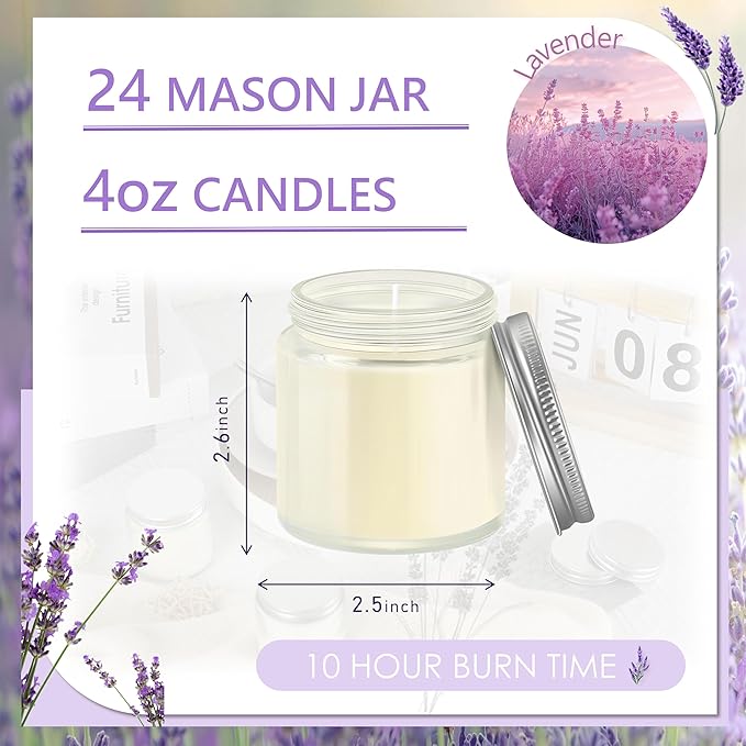 24 Pcs 4 Oz Mason Jar Candles, Lavender Scented Soy Candles Bulk Set for Stress Relief and Relaxation, Great Favors for Wedding, Christmas, Housewarming Gifts (Silver-Lavender, 24)