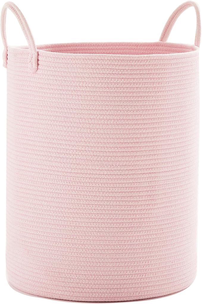 80L Extra Large Pink Hamper Laundry Basket for Baby Girls Tall Nursery Hamper for Kids Woven Rope Clothes Basket for Little Girls Room Bedroom Light Pink Kawaii Tall Laundry Bin
