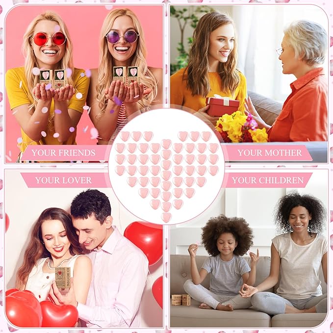 Landical 50 Sets Pocket Hug Token Gifts Small Crystal Heart Stones Bulk with Boxes Mini Heart Shape Natural Stones for Colleagues Family Distance Social Celebration of Life Gifts(Pink)