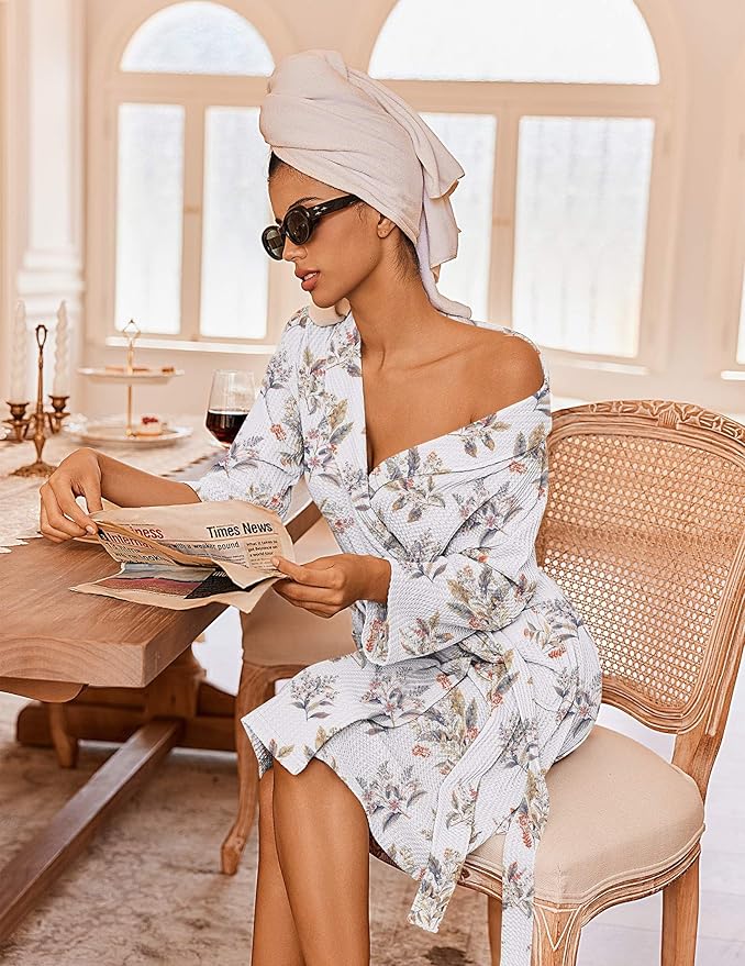 Ekouaer Robes for Women Waffle Knit Bathrobe Lightweight Kimono Robe Knee Length Loungewear with Pockets