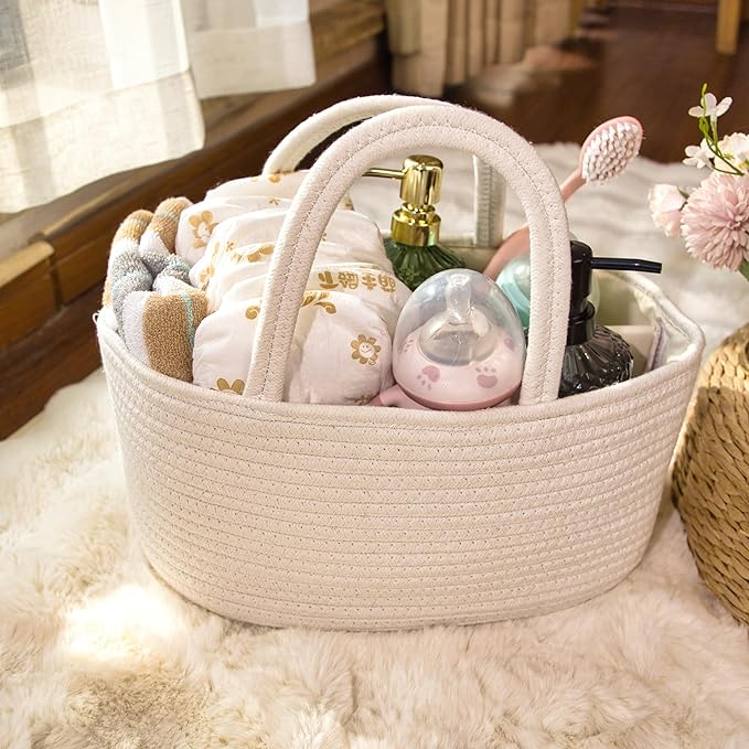 Baby Diaper Caddy Girl Boy Organizer Small Woven Baskets With Handle, Cotton Rope Tote For Shower Nursery, Decorative Small Storage Baskets For Shelves,Unique Gift Baby