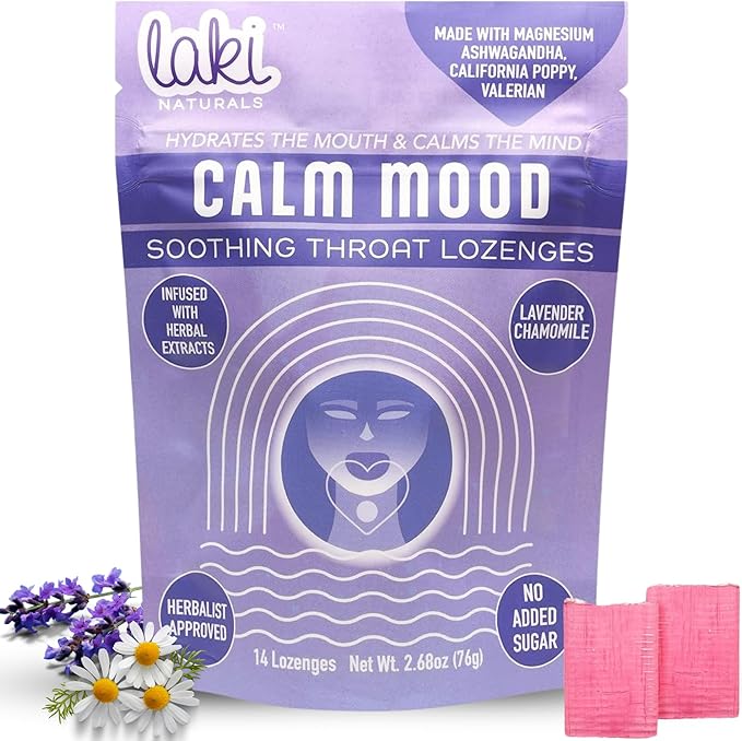 Laki Naturals Lavender Chamomile Calm Mood Functional Herbal Lozenges (14ct) Throat & Calming Hard Candies with Magnesium, Ashwagandha, California Poppy & Valerian. Vegan, Sugar Free, Gluten Free