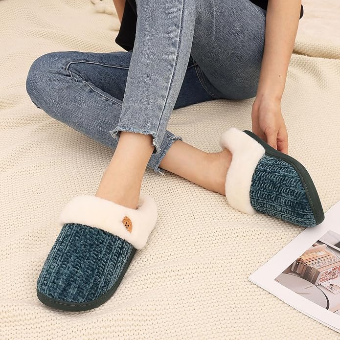 Evshine Warm Knit House Slippers for Women Comfy Wool-Like Lined Chenille Slippers with Memory Foam and Indoor Outdoor Soles