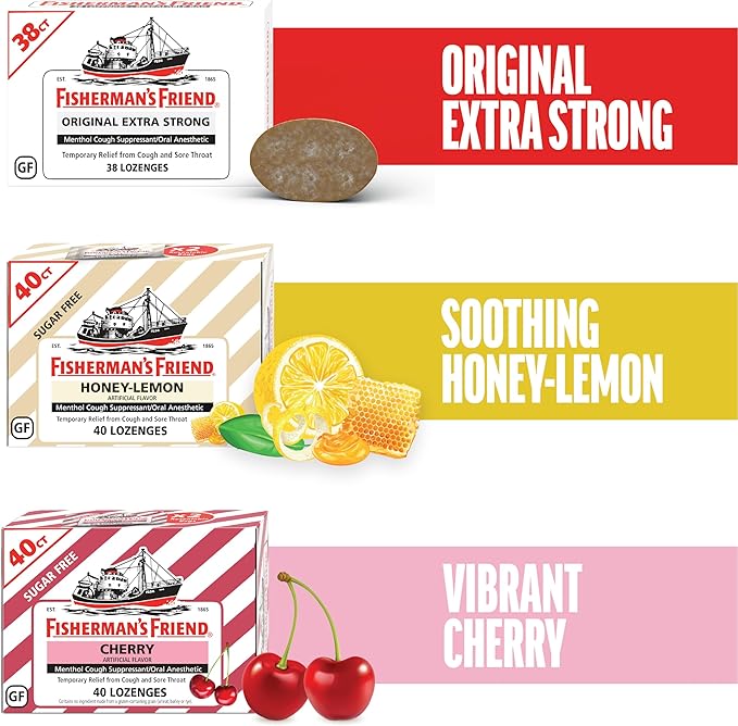 Fisherman's Friend Cough Drops, Cough Suppressant and Sore Throat Lozenges, Original Extra Strong, 10mg Menthol, 228 Drops (6 Packs of 38)
