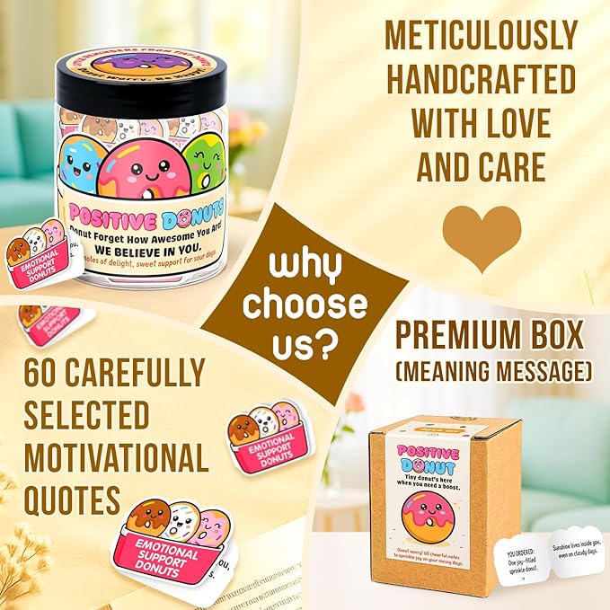 Emotional Support Donut – Funny Donut Gifts For Women, Kid - 60 Positive Donut Daily Affirmation Cards Jar – Inspirational Gifts for Women - Self Care Gift for Coworkers, Teens, Friends, Boss