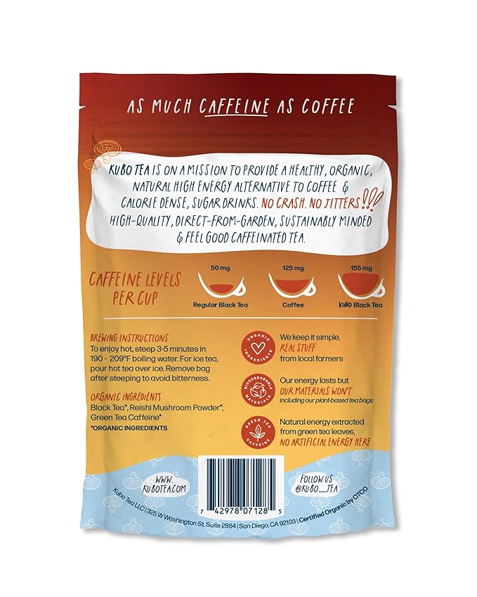 Kubo Tea Reishi Breakfast Black Tea - High Caffeine Reishi Tea w/ 20 Servings (155mg Caffeine Each) - Coffee Substitute Mushroom Tea Bags w/Pillow Bag Design, Biodegradable and Compostable Packaging