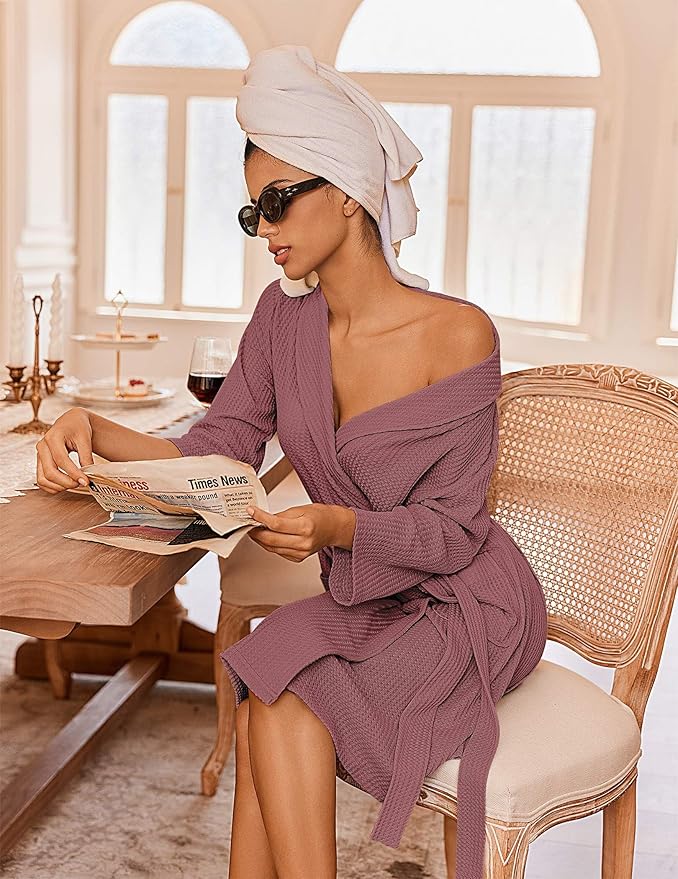 Ekouaer Robes for Women Waffle Knit Bathrobe Lightweight Kimono Robe Knee Length Loungewear with Pockets