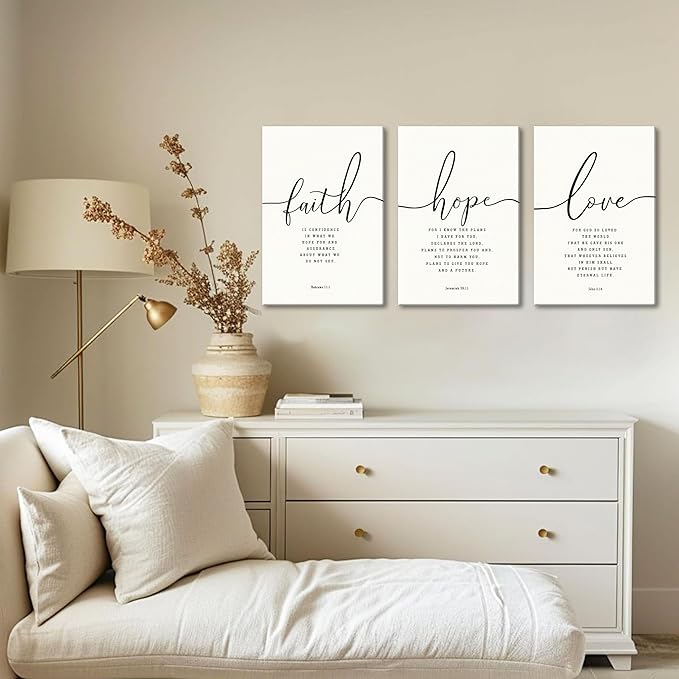 Farmhouse Bible Verses Wall Decor for Living Room - Minimalist Christian Scripture Wall Art Set of 3, Faith Hope Love Canvas Prints Religious Decor for Bedroom Office 12x16 inch Framed