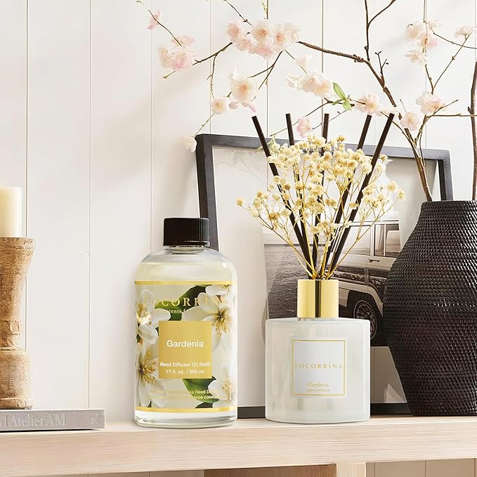 Cocorrína Reed Diffuser Refill Gardenia 17oz (500ml) with 8 Sticks - Premium Long-Lasting Scented Oil, Home Fragrance for Bedroom, Bathroom Home Decor