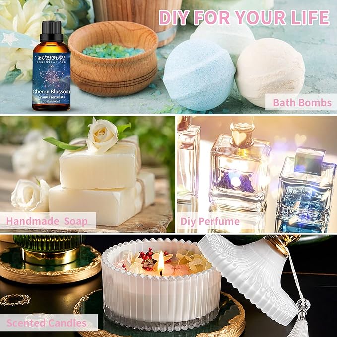 BURIBURI Cherry Blossom Essential Oil for Aromatherapy Diffuser, Skin, 100% Pure Cherry Blossom Oil 100ML for Candle, Soap, Perfume Making Cherry Fragrance Oil 3.38fl.oz