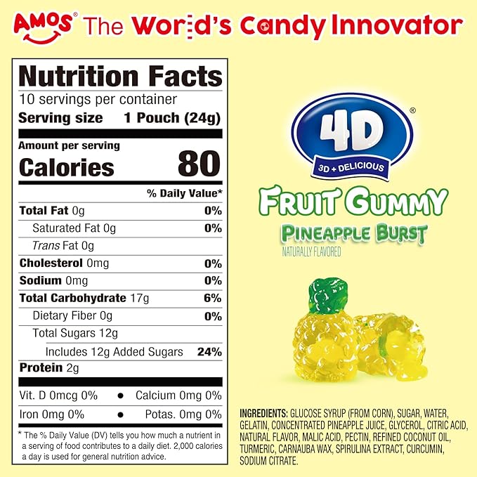 AMOS 4D Gummy Pineapple Burst Candy,Fruit-Shaped Gummies, Natural Flavor, 240g Individual Sharing Pack