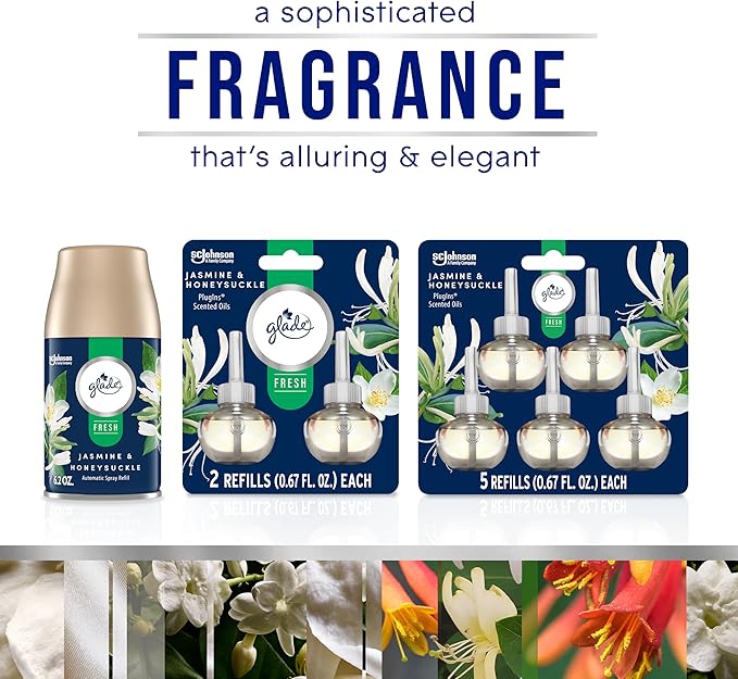Glade PlugIns Refills Air Freshener, Jasmine & Honeysuckle, Scented and Essential Oils for Home and Bathroom, 0.67 Fl Oz, 5 Count