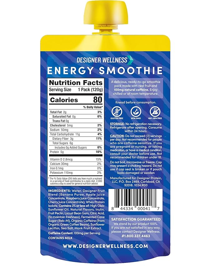 Designer Wellness Energy Smoothie, Real Fruit, 100mg Natural Caffeine, 5g Protein, Low Carb, Zero Added Sugar, Gluten-Free, Blue Raspberry, 12 Count