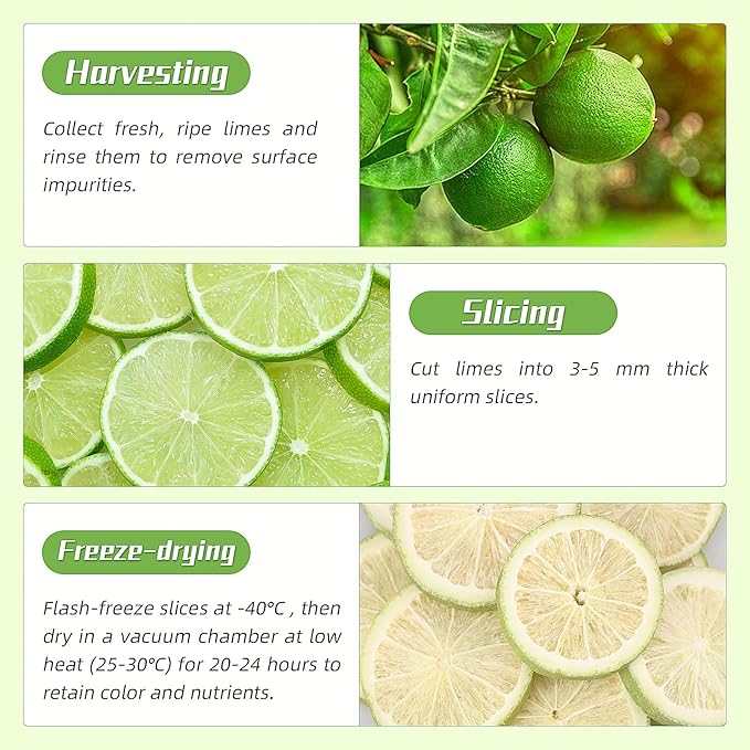 Haomly Freeze-dried Seedless Lime Slices,About 40 Slices,Dehydrated Limes for Cocktails,Tea, Snacking, Baking, Smoothies, Garnishing, and Desserts,100% Natural Dried Limes