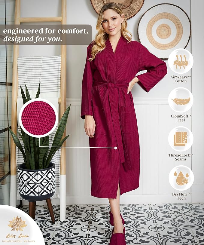 Lotus Linen Waffle Robes for Women - Lightweight Cotton Kimono Bathrobe - Long Soft Spa Bath Robe