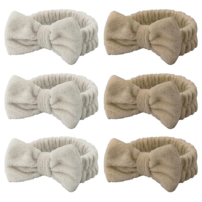 Casoty 6 Pcs Spa Headbands, Hair Holder for Washing Face, Soft Coral Fleece Facewash Headband, Bow Hair Bands, Beauty Headbands for Face Washing Shower Skin Care Yoga