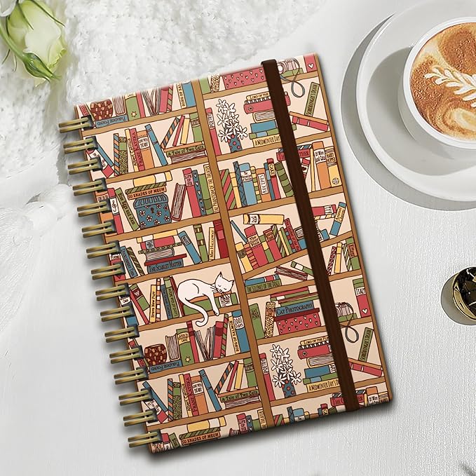 Cute Spiral Notebook, Journal for Women, Hardcover Spiral Journal, 5.5 x 8.3 Inches, 120 Pages,100gsm Paper, for Gifts Nurse Teacher Women Office Supplies(Cute Cat Bookshelf)