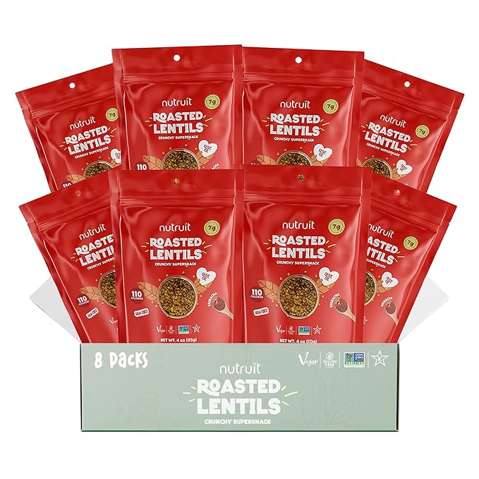 Nutruit Roasted Lentil Snacks - Tasty Snack Box with Vegan, Gluten Free, Non-GMO, High Protein, Low Calorie, Healthy On-The-Go Low Calorie Lentils Snacks - 4oz Packs (8-Pack Box) (8 Pack, Sriracha)