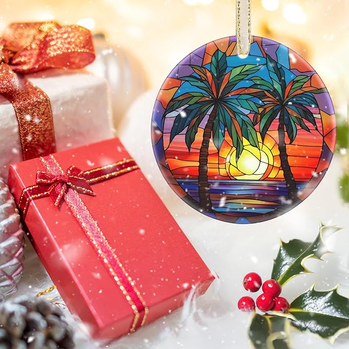 Christmas Ornament - Round Ceramic Decor - Christmas Hanging Decor - Christmas Tree Decorations - Christmas Tree Ornaments - Gifts Exchange (Retro Beach)