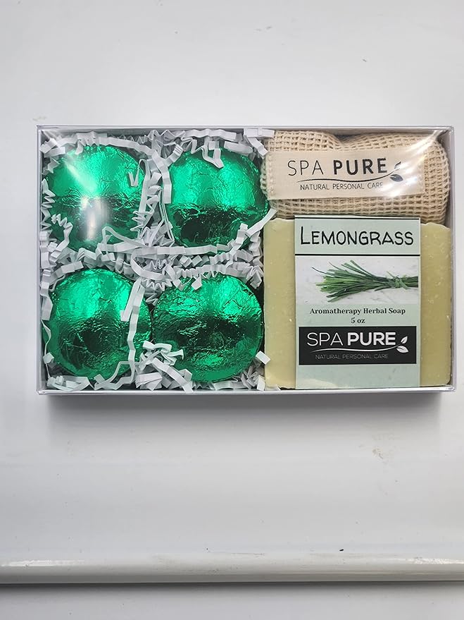 Spa Pure Aromatherapy Gift Set: Lemongrass Artisan soap, 4 Shower Steamers, made with plant based ingredients, essential oils, all natural (Lemongrass)