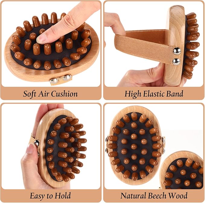 Patelai 12 Pack Wooden Lymphatic Massage Tools with Air Cushion & Elastic Band Cellulite Remover & Body Shaping Kit Meridian Brush, Gua Sha Comb for Scalp, Muscle Pain Relief & Hair Growth