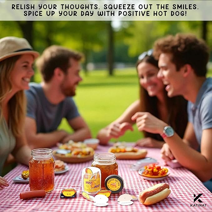 Positive Hot Dog Jar, 60 Funny Affirmation Cards, Emotional Support Hot Dogs for Friends, Teens, Coworkers, Funny Foodie Gifts for Stress Relief and Positivity, White Elephant Gifts for Adults