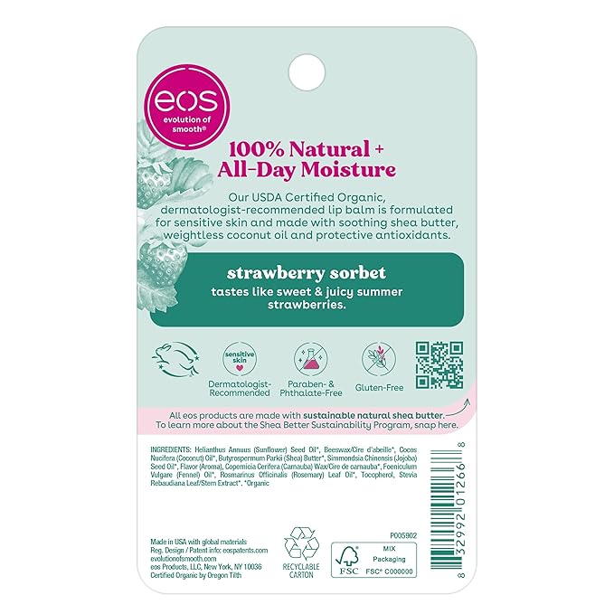 eos 100% Natural & Organic Lip Balm Sticks - Strawberry Sorbet, All Natural Lip Balm, All-Day Moisture, Dermatologist Recommended, 0.14 oz, 2-Pack