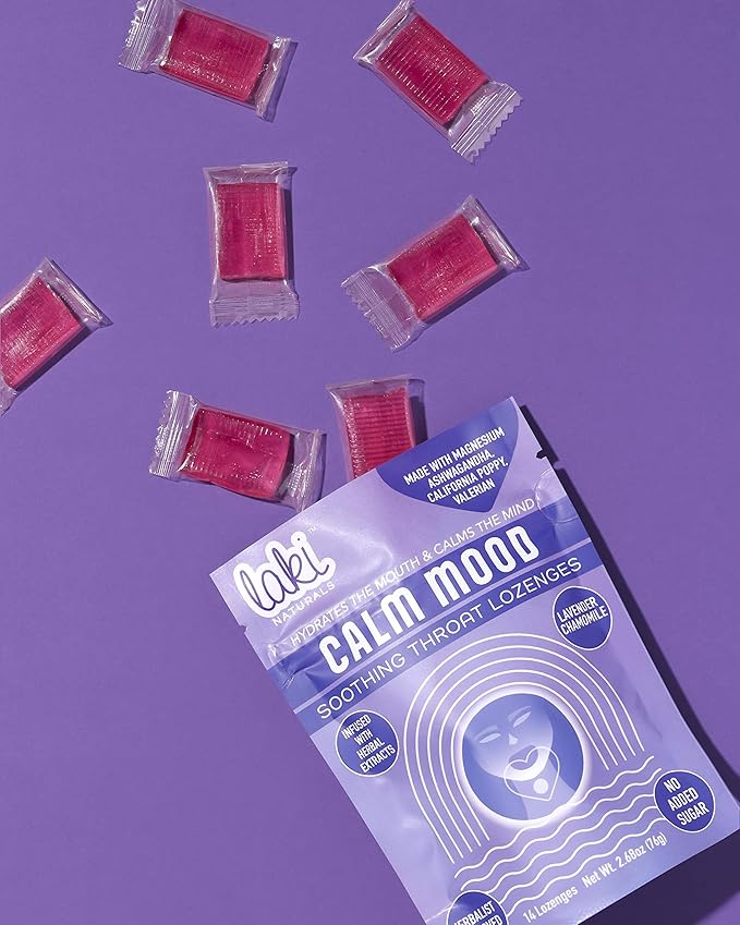 Laki Naturals Lavender Chamomile Calm Mood Functional Herbal Lozenges (14ct) Throat & Calming Hard Candies with Magnesium, Ashwagandha, California Poppy & Valerian. Vegan, Sugar Free, Gluten Free