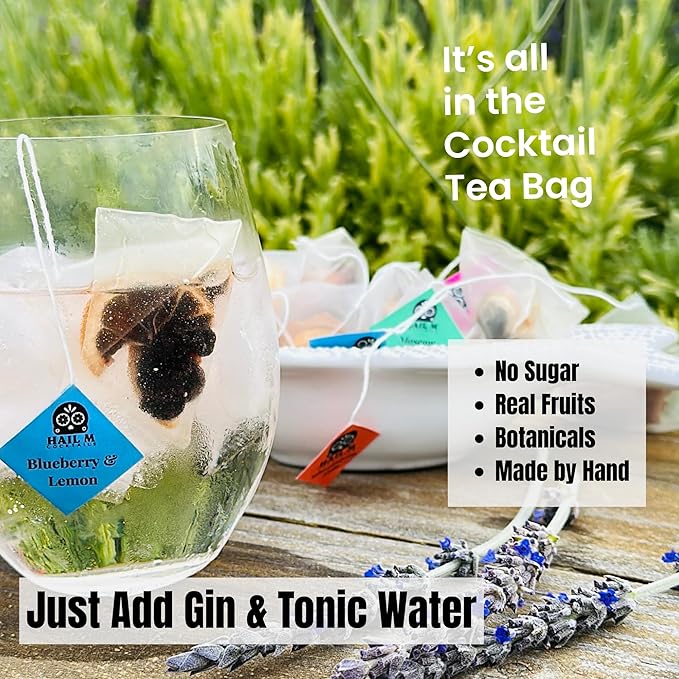 Hail M Gin & Tonic Cocktail Infusion Kit– DIY Botanical Mixer with Blueberry, Hibiscus, Citrus & Lavender – No Sugar or Preservatives – Craft Gin Cocktail Kit – 5 Cocktail Teabags
