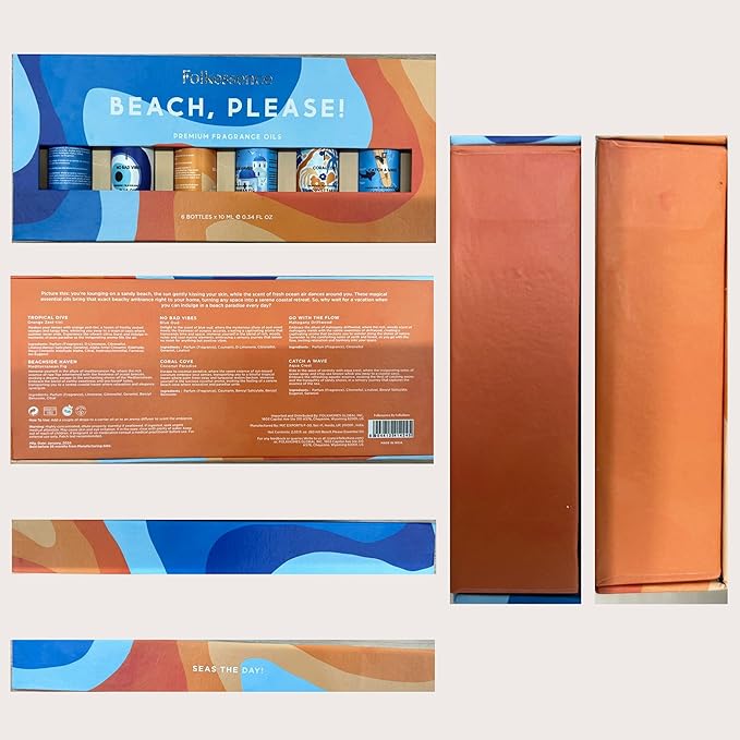 Folkulture Essential Oils for Home | Set of 6 (0.34 fl oz x 6) Beach Diffuser Oil for Relaxation | Coconut Essential Oil for Meditation | Aqua, Oud, Orange Zest Essential Oils for Women