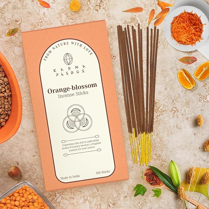 Orange Blossom Incense Sticks, Organic Hand Dipped 100 Sticks with Natural Herbs & Aromatic Ingredients, Burn Time 45 to 60 Minutes, Incense for Positivity, Meditation, Relaxation, Spiritual Gift