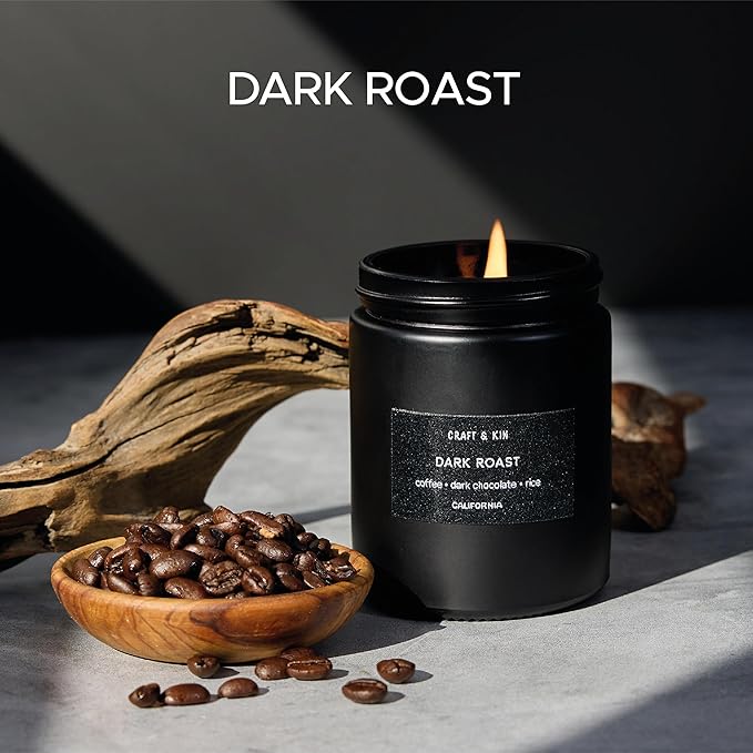 Craft & Kin Premium Dark Roast Coffee Candle | Black Fall Scented Candles for Home | Long Lasting with 45 Hour Burn Time, 7.6oz | Made with Soy Fall Candles | Aromatherapy at Home | Gifts for Men