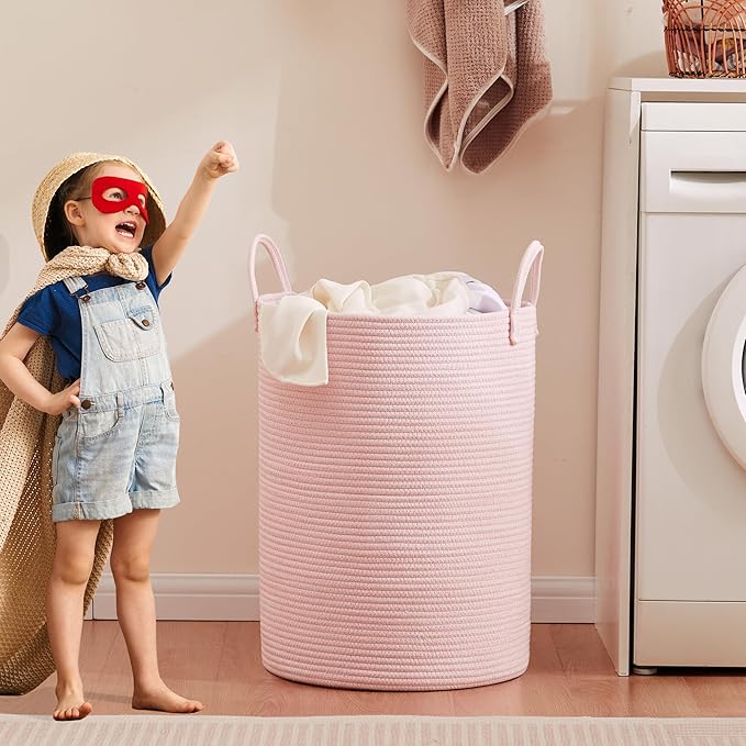 80L Extra Large Pink Hamper Laundry Basket for Baby Girls Tall Nursery Hamper for Kids Woven Rope Clothes Basket for Little Girls Room Bedroom Light Pink Kawaii Tall Laundry Bin