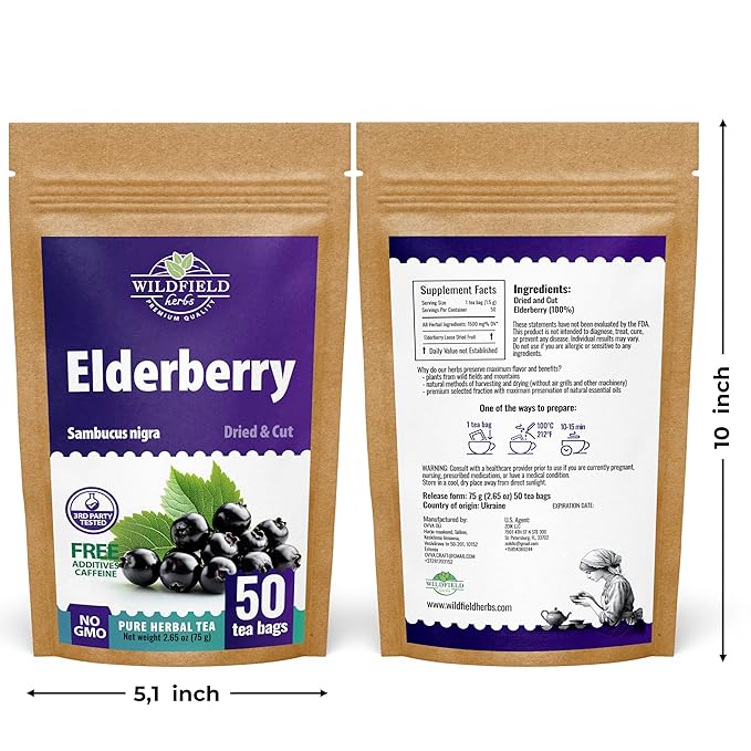 50 Bags Elderberry Fruit Herbal Tea (Sambucus) – 50 Tea Bags 1.5g Elderberry Berry Tea Saúco