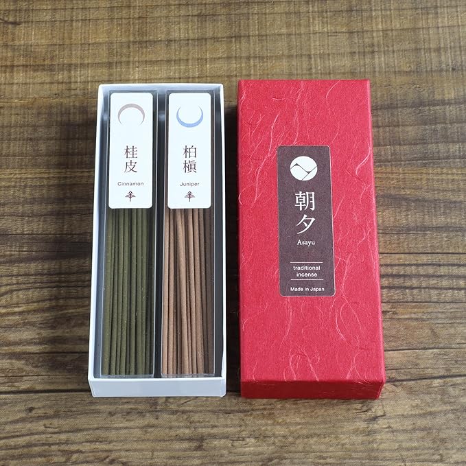 Asayu Japan Traditional Incense Sticks - Harmony Set (Cinnamon + Juniper), 40gr (Each Scent 20g), for Yoga, Zen Meditation and Relaxation - Traditional Smoke Type