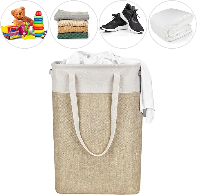 Laundry Hampers Tall Slim Laundry Baskets Thin Foldable Clothes Narrow Hamper for Laundry Storage Organizer Collapsible Hamper with White and Brown Imitated Burlap Patchwork,QY-SC24-2