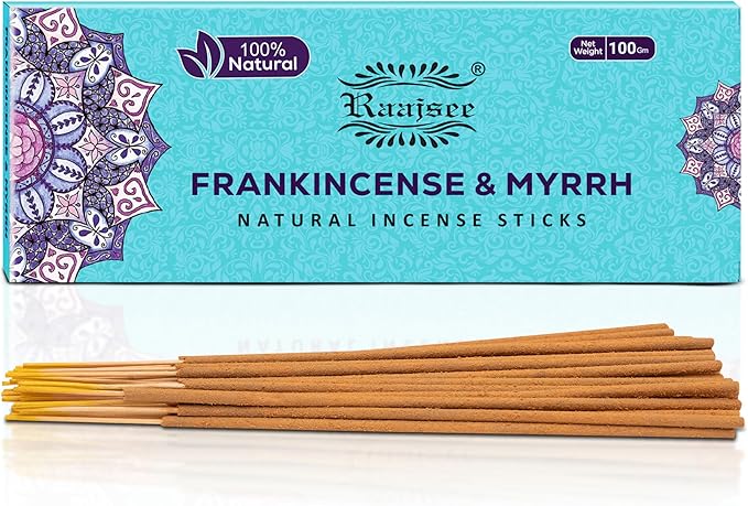 Raajsee Frankincense & Myrrh Incense Sticks, 100%-Natural Charcoal Free Organic Non Toxic Clean Burning Handmade Insence Sticks 100 gm Pack, Meditation Gifts – Spritual Cleansing